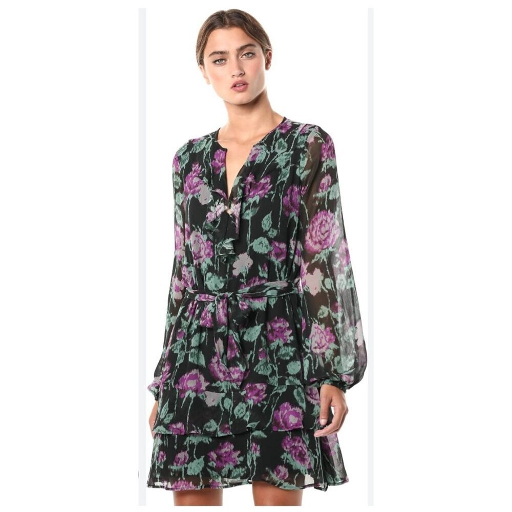 Paige Dark Orchid Lucette Dress XS 100% Silk Floral V-Neck Long Sleeve Purple